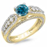 1.75 Carat (ctw) 10K Yellow Gold Round Blue & White Diamond Ladies Vintage Style Solitaire With Accents Bridal Engagement Ring 1 3/4 CT