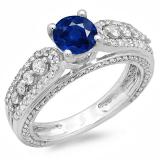 1.75 Carat (ctw) 10K White Gold Round Blue Sapphire & White Diamond Ladies Vintage Style Solitaire With Accents Bridal Engagement Ring 1 3/4 CT