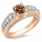 1.75 Carat (ctw) 10K Rose Gold Round Champagne & White Diamond Ladies Vintage Style Solitaire With Accents Bridal Engagement Ring 1 3/4 CT