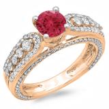 1.75 Carat (ctw) 10K Rose Gold Round Red Ruby & White Diamond Ladies Vintage Style Solitaire With Accents Bridal Engagement Ring 1 3/4 CT