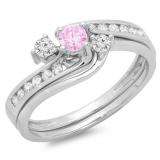 0.50 Carat (ctw) 14K White Gold Round Pink Sapphire & White Diamond Ladies Bridal Swirl Engagement Ring With Matching Band Set 1/2 CT