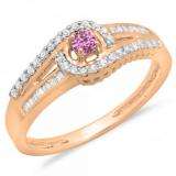0.33 Carat (ctw) 10K Rose Gold Round & Baguette Cut Pink Sapphire & White Diamond Ladies Twisted Swirl Bridal Halo Engagement Ring 1/3 CT