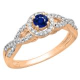 0.50 Carat (ctw) 10K Rose Gold Round Blue Sapphire & White Diamond Ladies Swirl Split Shank Bridal Halo Style Engagement Ring 1/2 CT