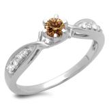 0.33 Carat (ctw) 10K White Gold Round Cut Champagne & White Diamond Ladies Bridal Solitaire With Accents Engagement Ring 1/3 CT