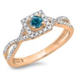 0.50 Carat (ctw) 10K Rose Gold Round Cut Blue & White Diamond Ladies Bridal Swirl Split Shank Halo Engagement Ring 1/2 CT