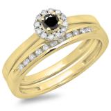 0.33 Carat (ctw) 10K Yellow Gold Round Cut Black & White Diamond Ladies Bridal Halo Engagement Ring With Matching Band Set 1/3 CT
