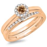 0.33 Carat (ctw) 10K Rose Gold Round Cut Champagne & White Diamond Ladies Bridal Halo Engagement Ring With Matching Band Set 1/3 CT