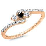 0.33 Carat (ctw) 10K Rose Gold Round Black & White Diamond Ladies Swirl Engagement 3 Stone Bridal Ring 1/3 CT