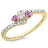 0.33 Carat (ctw) 18K Yellow Gold Round Pink Sapphire & White Diamond Ladies Swirl Engagement 3 Stone Bridal Ring 1/3 CT