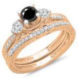 1.00 Carat (ctw) 10K Rose Gold Round Black & White Diamond Ladies Vintage 3 Stone Bridal Engagement Ring With Matching Band Set 1 CT