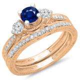 1.00 Carat (ctw) 14K Rose Gold Round Blue Sapphire & White Diamond Ladies Vintage 3 Stone Bridal Engagement Ring With Matching Band Set 1 CT