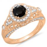 1.33 Carat (ctw) 10K Rose Gold Round Black & White Diamond Ladies Split Shank Vintage Bridal Halo Style Engagement Ring 1 1/3 CT