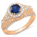 1.33 Carat (ctw) 10K Rose Gold Round Blue Sapphire & White Diamond Ladies Split Shank Vintage Bridal Halo Style Engagement Ring 1 1/3 CT