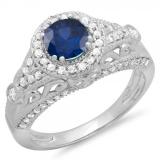 1.33 Carat (ctw) 14K White Gold Round Blue Sapphire & White Diamond Ladies Split Shank Vintage Bridal Halo Style Engagement Ring 1 1/3 CT