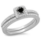 0.50 Carat (ctw) 14K White Gold Round Cut Black & White Diamond Ladies Bridal Halo Engagement Ring With Matching Band Set 1/2 CT