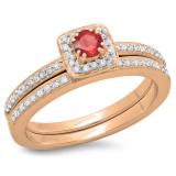 0.50 Carat (ctw) 10K Rose Gold Round Cut Red Ruby & White Diamond Ladies Bridal Halo Engagement Ring With Matching Band Set 1/2 CT