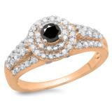 1.00 Carat (ctw) 10K Rose Gold Round Cut Black & White Diamond Ladies Vintage Style Bridal Halo Engagement Ring 1 CT