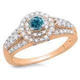 1.00 Carat (ctw) 10K Rose Gold Round Cut Blue & White Diamond Ladies Vintage Style Bridal Halo Engagement Ring 1 CT