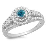 1.00 Carat (ctw) 14K White Gold Round Cut Blue & White Diamond Ladies Vintage Style Bridal Halo Engagement Ring 1 CT