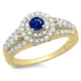 1.00 Carat (ctw) 10K Yellow Gold Round Cut Blue Sapphire & White Diamond Ladies Vintage Style Bridal Halo Engagement Ring 1 CT