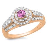 1.00 Carat (ctw) 14K Rose Gold Round Cut Pink Sapphire & White Diamond Ladies Vintage Style Bridal Halo Engagement Ring 1 CT