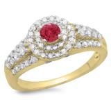 1.00 Carat (ctw) 14K Yellow Gold Round Cut Red Ruby & White Diamond Ladies Vintage Style Bridal Halo Engagement Ring 1 CT