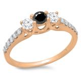 0.75 Carat (ctw) 10K Rose Gold Round Cut Black & White Diamond Ladies Bridal 3 Stone Engagement Ring 3/4 CT