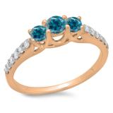 0.75 Carat (ctw) 10K Rose Gold Round Cut Blue & White Diamond Ladies Bridal 3 Stone Engagement Ring 3/4 CT