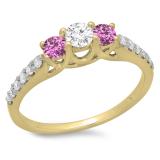 0.75 Carat (ctw) 10K Yellow Gold Round Cut Pink Sapphire & White Diamond Ladies Bridal 3 Stone Engagement Ring 3/4 CT