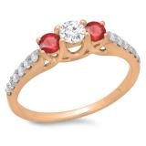 0.75 Carat (ctw) 14K Rose Gold Round Cut Red Ruby & White Diamond Ladies Bridal 3 Stone Engagement Ring 3/4 CT