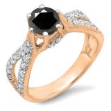 1.14 Carat (ctw) 10K Rose Gold Round Black & White Diamond Ladies Engagement Bridal Split Shank Ring; 0.74 CT center