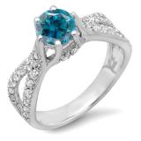1.14 Carat (ctw) 10K White Gold Round Blue & White Diamond Ladies Engagement Bridal Split Shank Ring; 0.74 CT center