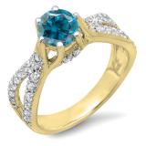 1.14 Carat (ctw) 10K Yellow Gold Round Blue & White Diamond Ladies Engagement Bridal Split Shank Ring; 0.74 CT center