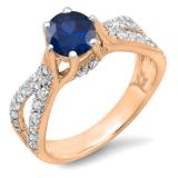 1.14 Carat (ctw) 10K Rose Gold Round Blue Sapphire & White Diamond Ladies Engagement Bridal Split Shank Ring; 0.74 CT center