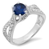 1.14 Carat (ctw) 10K White Gold Round Blue Sapphire & White Diamond Ladies Engagement Bridal Split Shank Ring; 0.74 CT center