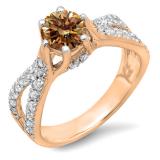 1.14 Carat (ctw) 10K Rose Gold Round Champagne & White Diamond Ladies Engagement Bridal Split Shank Ring; 0.74 CT center