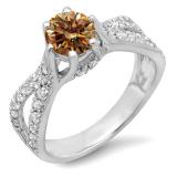 1.14 Carat (ctw) 10K White Gold Round Champagne & White Diamond Ladies Engagement Bridal Split Shank Ring; 0.74 CT center