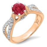 1.14 Carat (ctw) 10K Rose Gold Round Red Ruby & White Diamond Ladies Engagement Bridal Split Shank Ring; 0.74 CT center