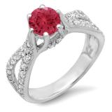 1.14 Carat (ctw) 10K White Gold Round Red Ruby & White Diamond Ladies Engagement Bridal Split Shank Ring; 0.74 CT center