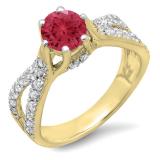 1.14 Carat (ctw) 10K Yellow Gold Round Red Ruby & White Diamond Ladies Engagement Bridal Split Shank Ring; 0.74 CT center