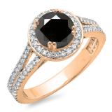 1.50 Carat (ctw) 10K Rose Gold Round Cut Black & White Diamond Ladies Bridal Split Shank Halo Engagement Ring 1 1/2 CT