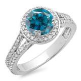 1.50 Carat (ctw) 18K White Gold Round Cut Blue & White Diamond Ladies Bridal Split Shank Halo Engagement Ring 1 1/2 CT