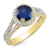 1.50 Carat (ctw) 10K Yellow Gold Round Cut Blue Sapphire & White Diamond Ladies Bridal Split Shank Halo Engagement Ring 1 1/2 CT