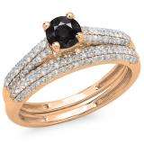 1.00 Carat (ctw) 10K Rose Gold Round Black & White Diamond Ladies Bridal Engagement Ring With Matching Band Set 1 CT