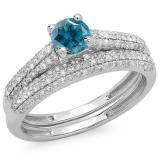1.00 Carat (ctw) 10K White Gold Round Blue & White Diamond Ladies Bridal Engagement Ring With Matching Band Set 1 CT