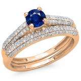 1.00 Carat (ctw) 10K Rose Gold Round Blue Sapphire & White Diamond Ladies Bridal Engagement Ring With Matching Band Set 1 CT