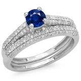 1.00 Carat (ctw) 10K White Gold Round Blue Sapphire & White Diamond Ladies Bridal Engagement Ring With Matching Band Set 1 CT