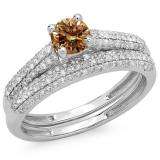 1.00 Carat (ctw) 10K White Gold Round Champagne & White Diamond Ladies Bridal Engagement Ring With Matching Band Set 1 CT