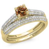 1.00 Carat (ctw) 10K Yellow Gold Round Champagne & White Diamond Ladies Bridal Engagement Ring With Matching Band Set 1 CT