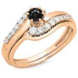 0.55 Carat (ctw) 18K Rose Gold Round Black & White Diamond Ladies Twisted Style Bridal Engagement Ring With Matching Band Set 1/2 CT